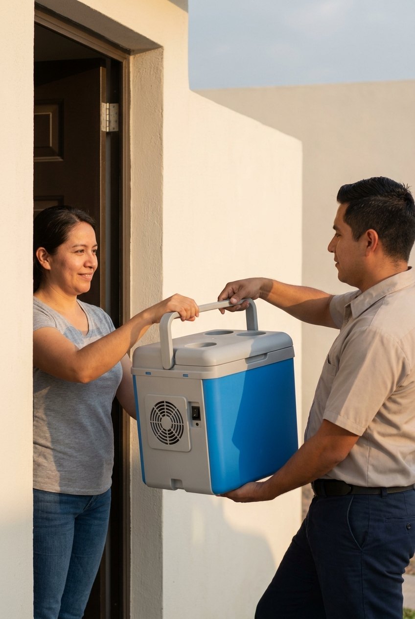 Mensajero entregando la hielera electrica en la puerta de una casa