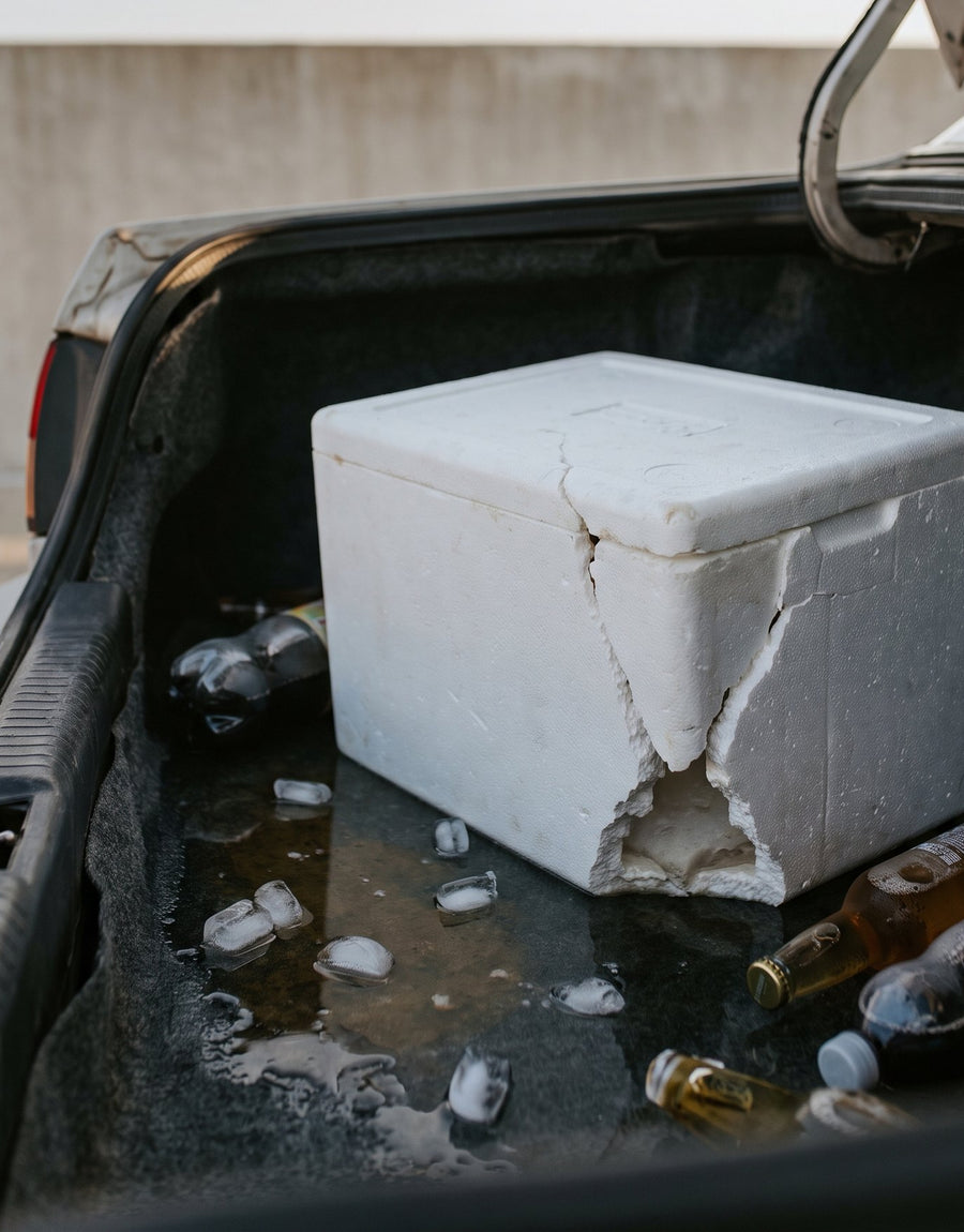 Hielera de unicel rota y hielo derretido mojando la cajuela de un coche