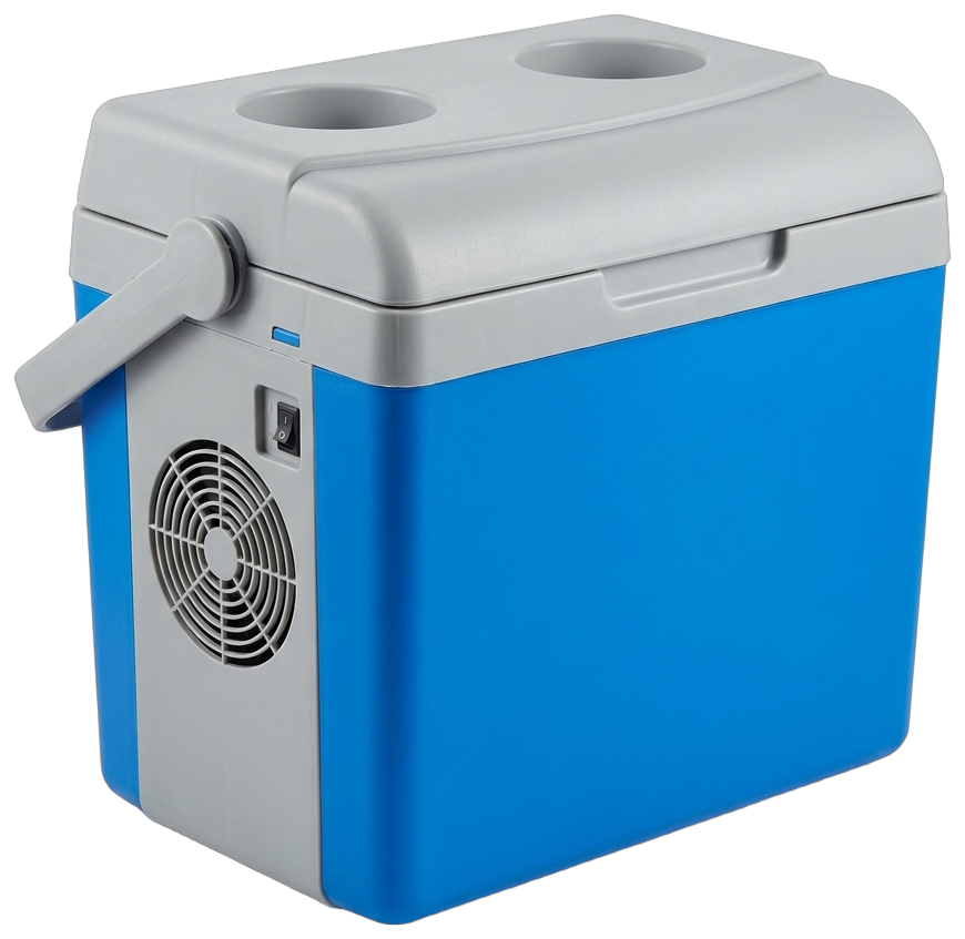 Hielera electrica 12V de 7.5 L, cuerpo azul y tapa gris con dos portavasos, recortada sobre fondo transparente