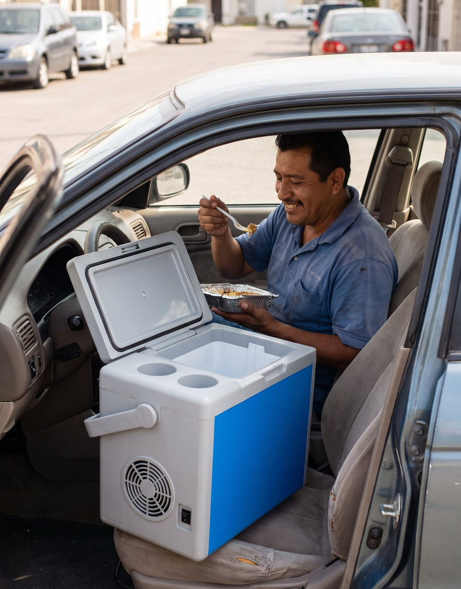 Hombre comiendo comida caliente en el asiento del conductor con la hielera electrica abierta al lado
