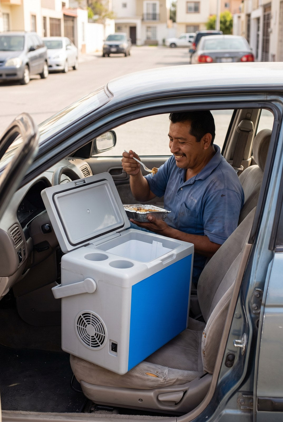 Comiendo caliente en el coche con la hielera al lado