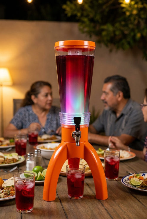 La torre iluminada en el centro de la mesa con agua de jamaica