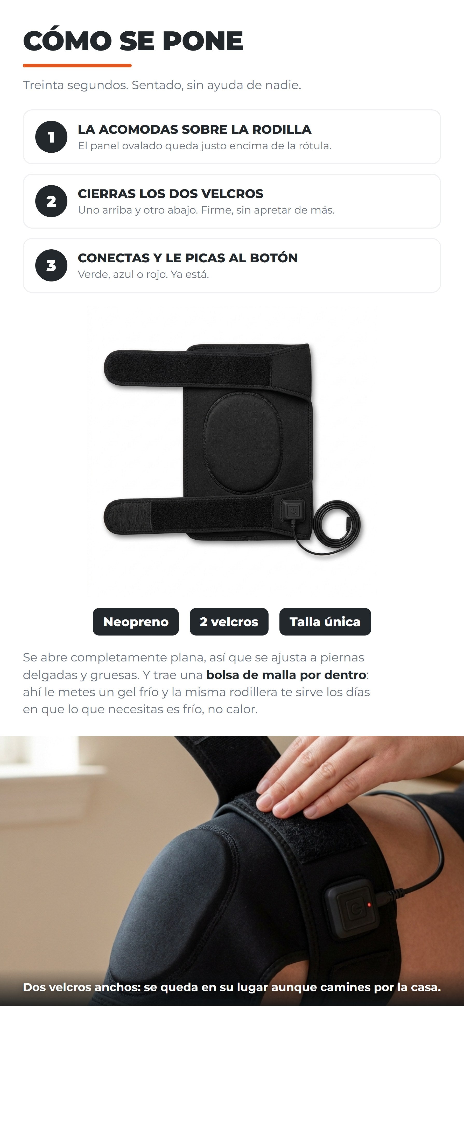 Cómo se pone: acomodar, cerrar velcros, conectar