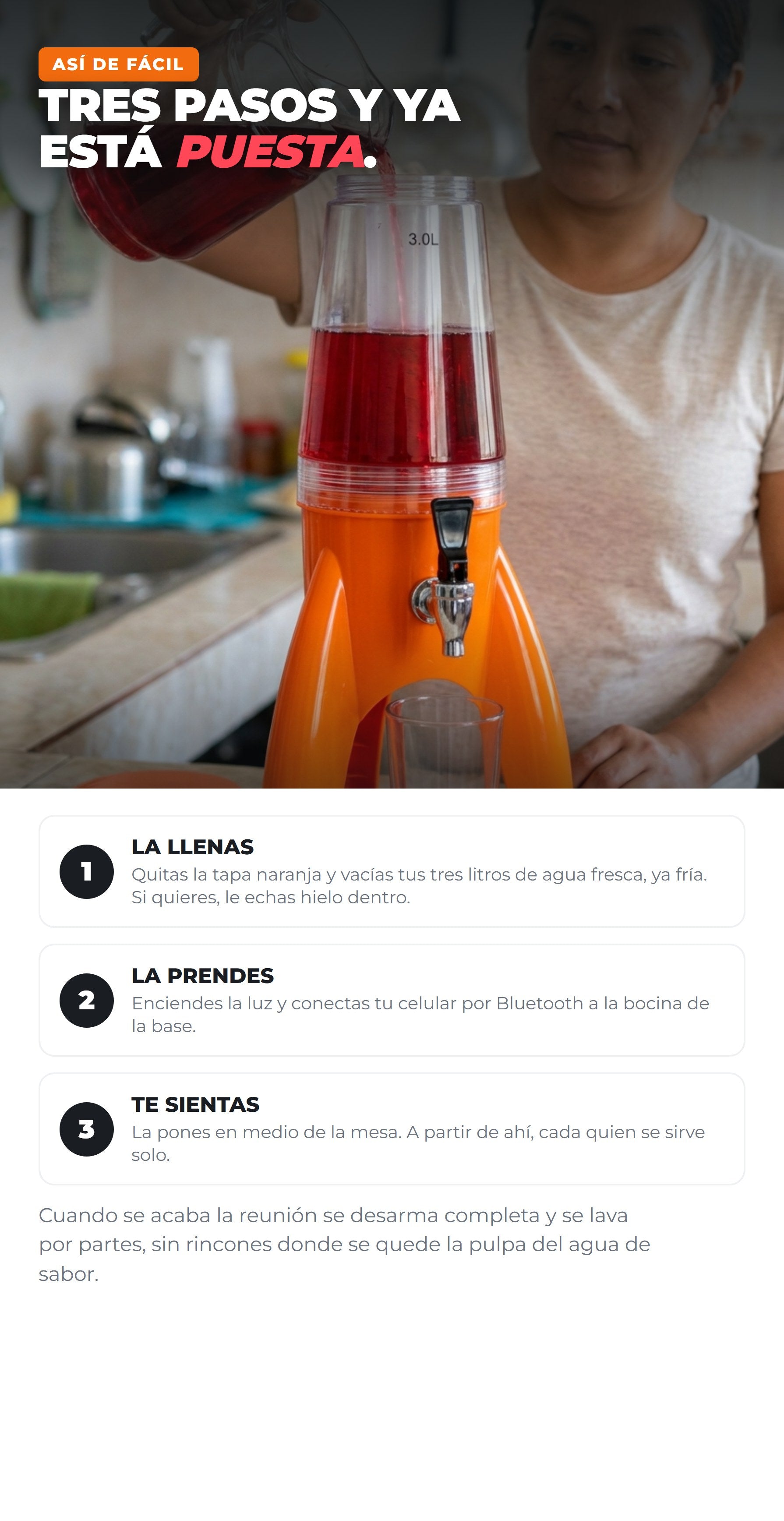 Como se usa: la llenas, la prendes, te sientas